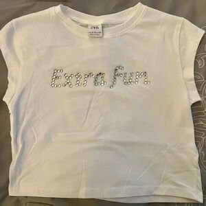 Zara Kids White Crop Tee with 'Extra Fun' Rhinestone Design